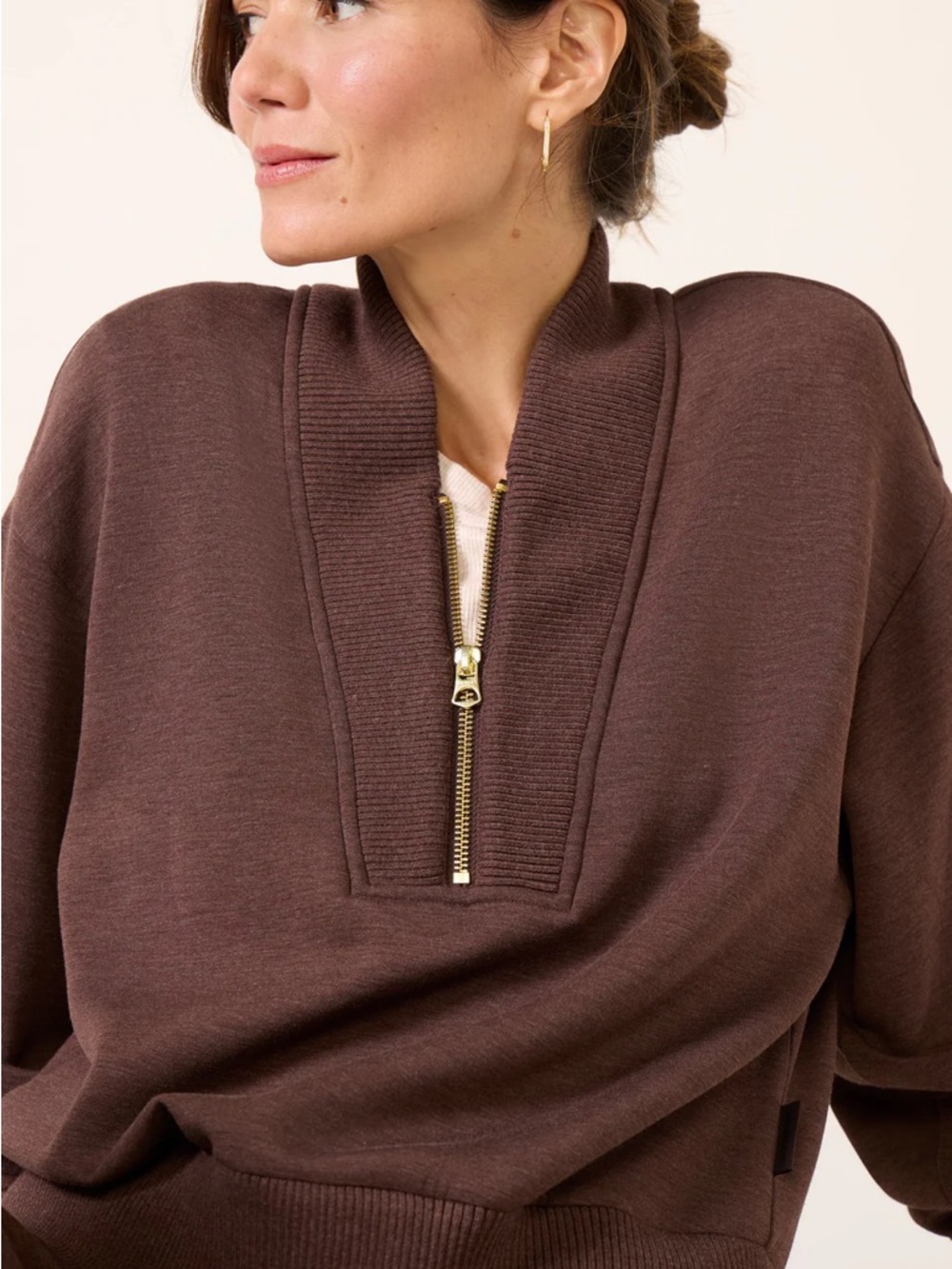 Varley Sally Half-Zip Pullover Sweat in Coffeebean Marl Brown - Picture 3 of 5